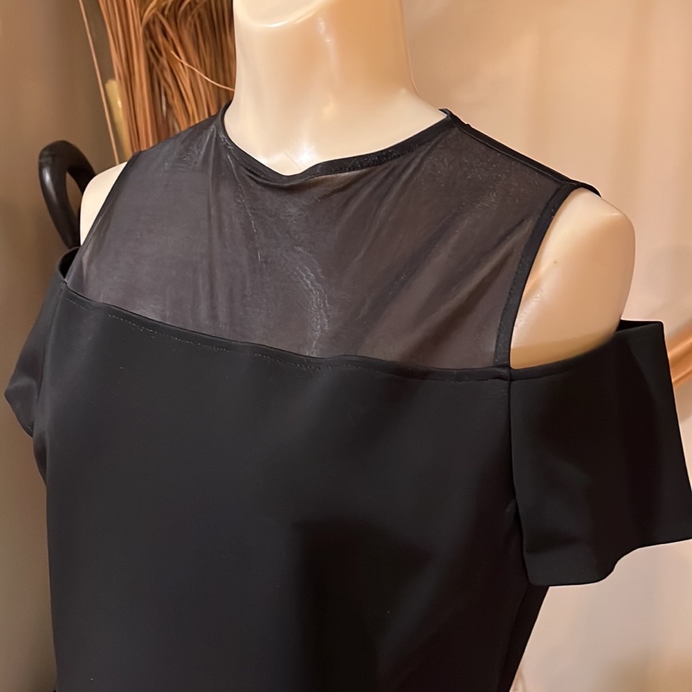 Lafayette 148 New York stretch-knit, cold shoulder dress with mesh yoke - Picture 2 of 9